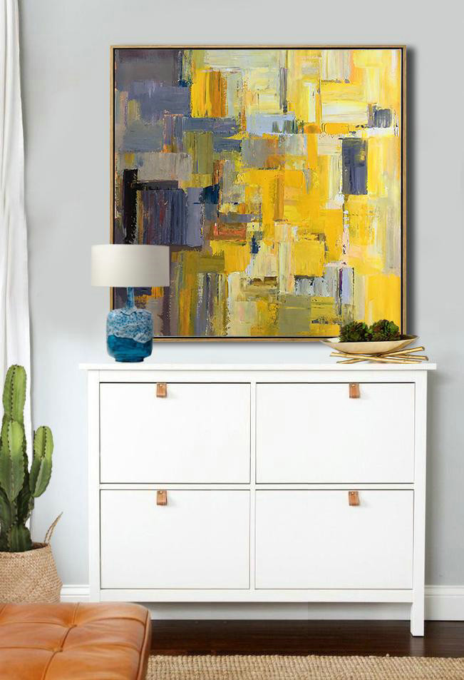 Large Abstract Art,Oversized Palette Knife Painting Contemporary Art On Canvas,Hand-Painted Contemporary Art,Yellow,Gray Violet,Brown,Taupe.etc